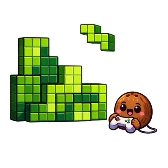 Coconut mascot playing a Tetris-style study game